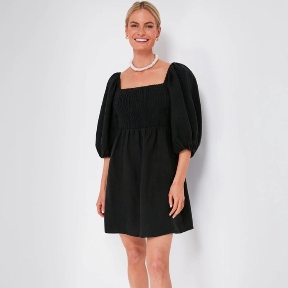 Tuckernuck Annie Smocked Black Linen Balloon Sleeve Mini Dress Small